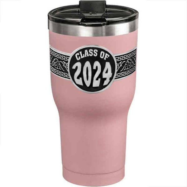 A customized tumbler made of stainless steel with a personalized engraved Class of 2024 lettering, 30 oz, ideal for coffee or cool drinks